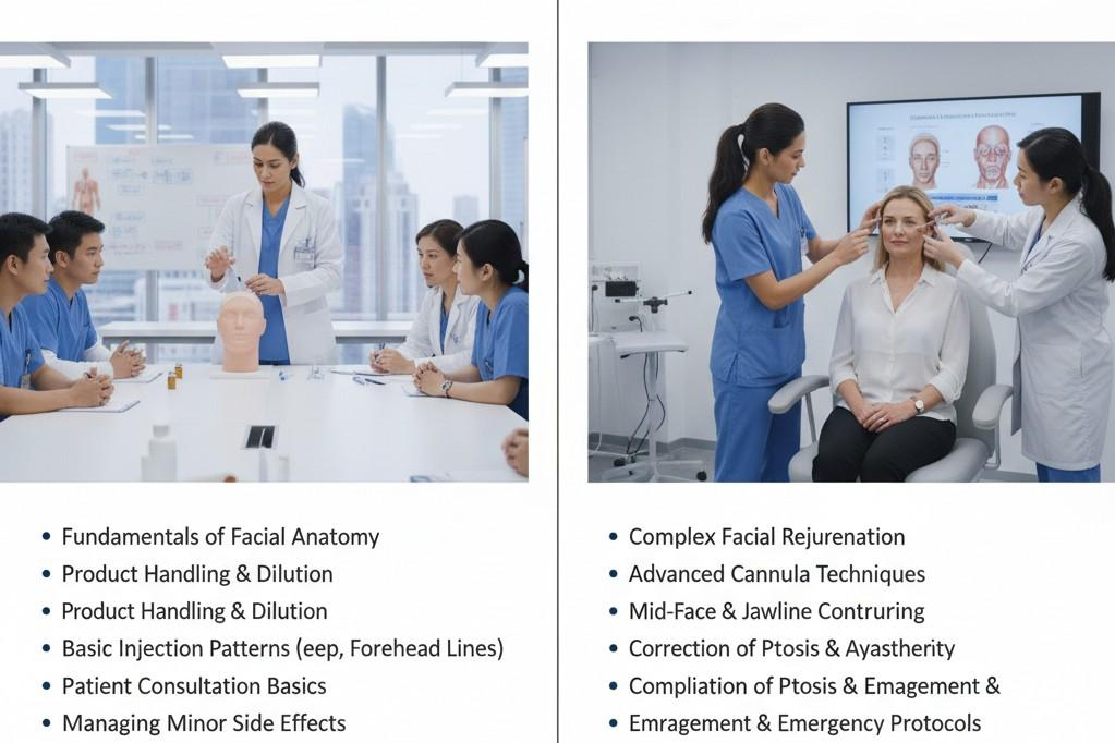 Comparison of beginner vs advanced anti wrinkle training intensity at AM Aesthetics London Academy