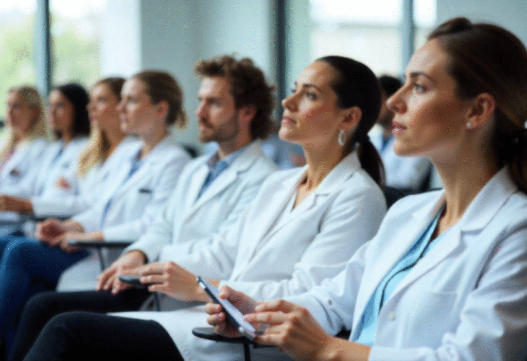 Medical professionals attending beginner dermal filler course introduction at aesthetics training academy