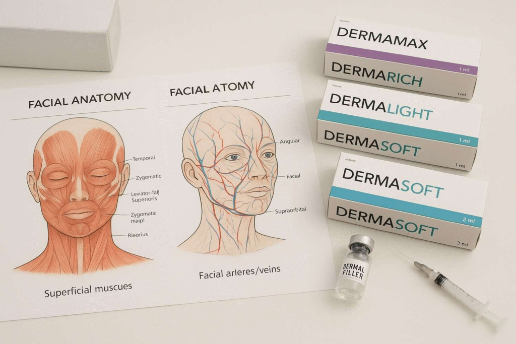 Facial anatomy charts and dermal filler training materials for beginner aesthetics course