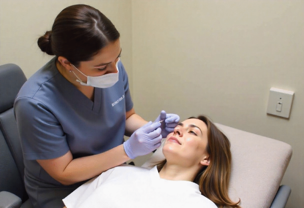Beginner student practicing dermal filler injection technique with live model supervision