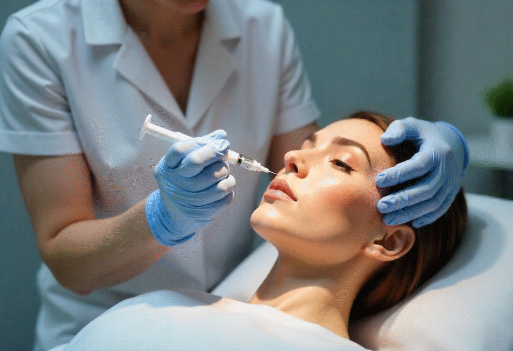 Professional trainer showing proper injection technique using anatomical face model during skin booster course