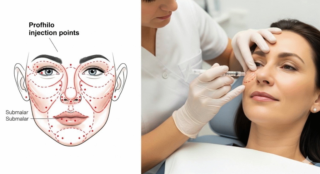 Professional demonstration of Profhilo Bio Aesthetic Points injection technique during advanced skin booster training