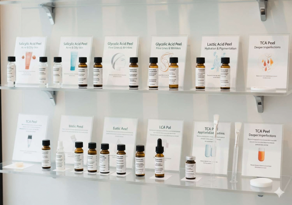 Various chemical peel solutions and acids used in professional skin rejuvenation treatments
