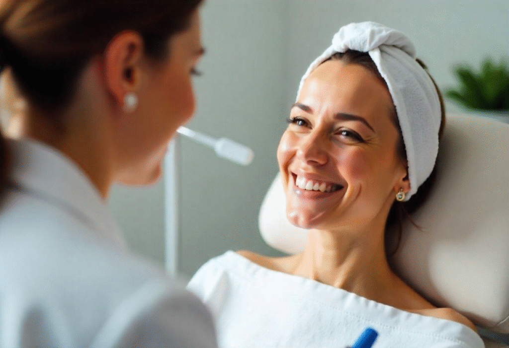 Satisfied client discussing successful chemical peel treatment results with aesthetic professional