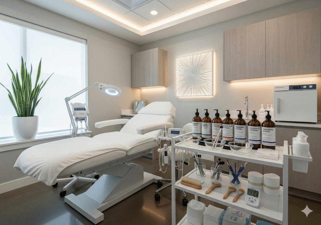 Professional aesthetic treatment room equipped for safe chemical peel procedures