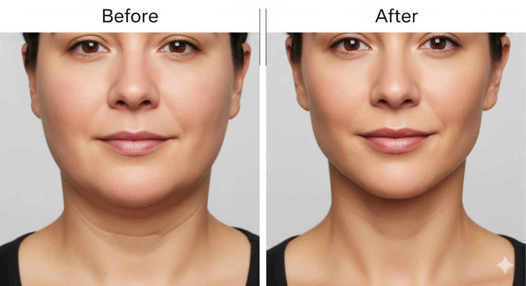 Before and after advanced facial contouring showing improved jawline definition and facial harmony