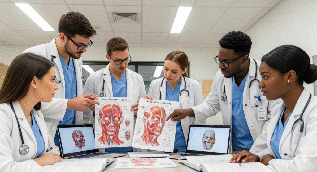 Healthcare professionals studying advanced facial anatomy during aesthetics training course
