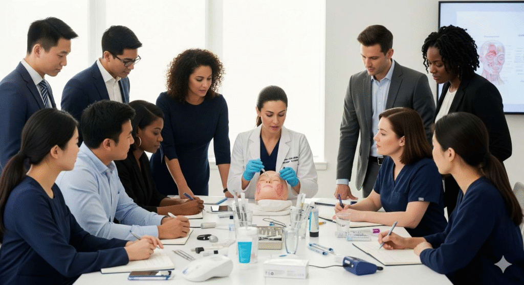 Medical professionals and beauty specialists learning aesthetic medicine techniques together