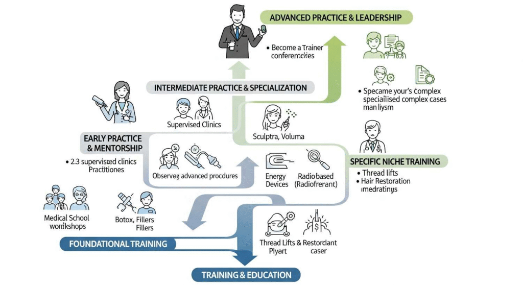 Career roadmap illustrating five steps from aesthetic medicine training to professional practice