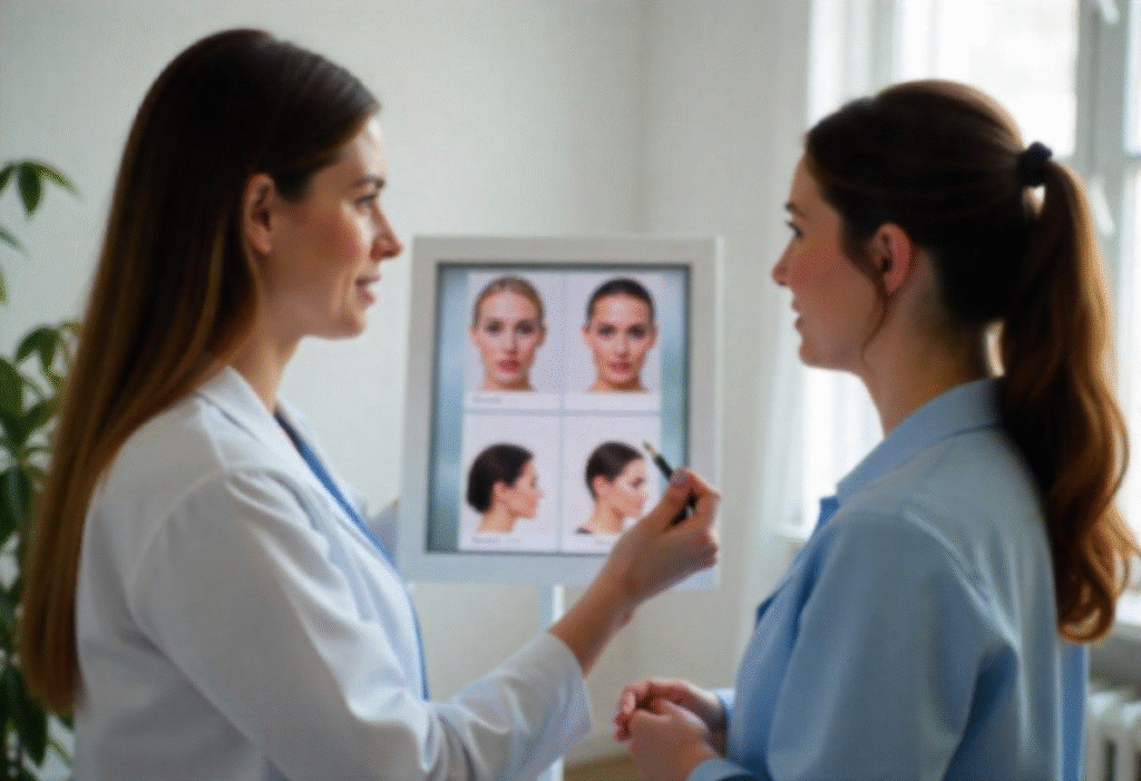 Professional consultation between aesthetic practitioner and client discussing treatment options