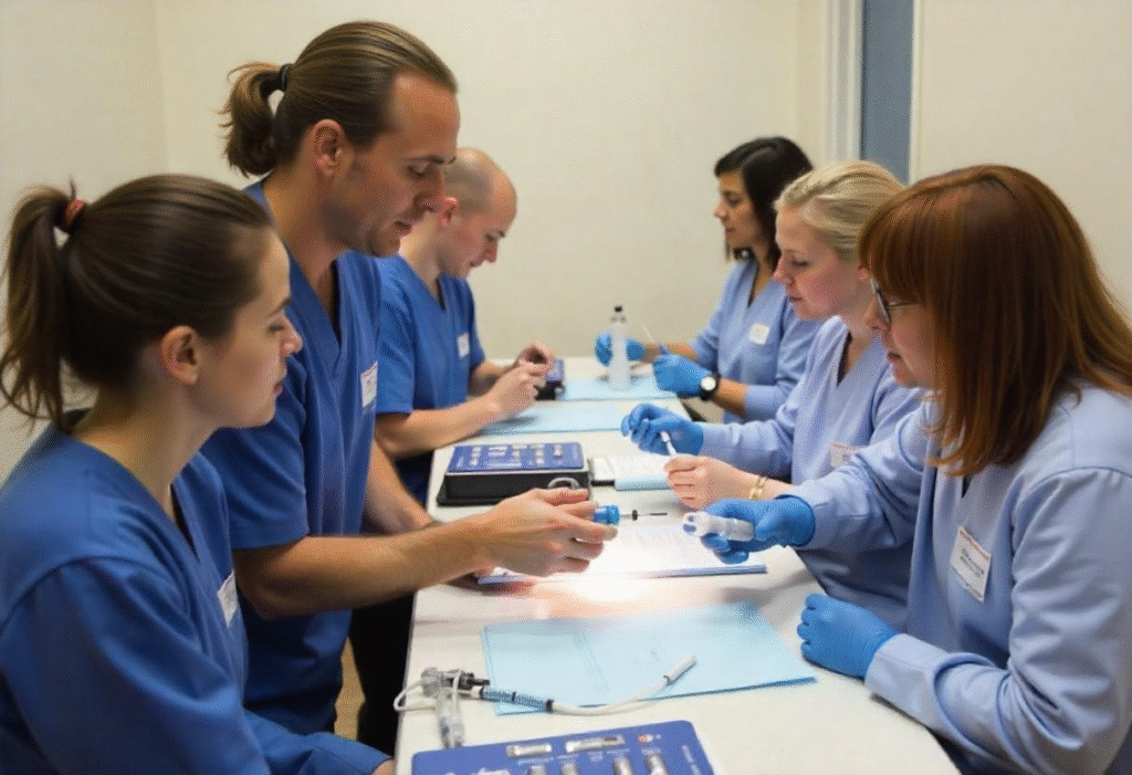 Aesthetic medicine training class with expert instructor teaching proper injection techniques