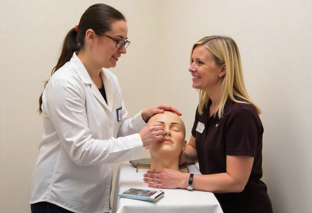 Aesthetic course instructor explaining facial anatomy during training at AM Aesthetics London Academy