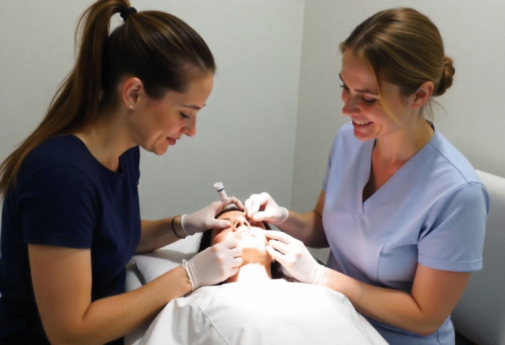 Aesthetic course students practicing dermal filler techniques on models at AM Aesthetics London Academy