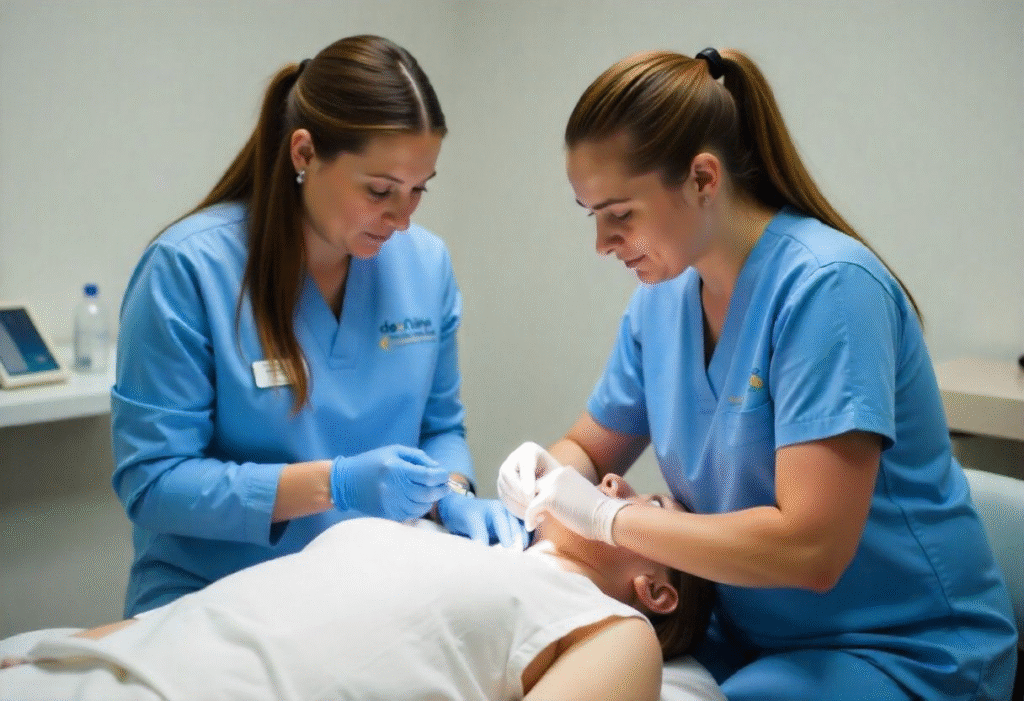 Supervised hands-on practice during anti-wrinkle training with real model at AM Aesthetics London