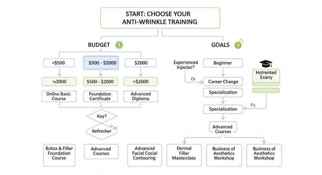Course selection flowchart helping choose right anti-wrinkle training based on budget and goals