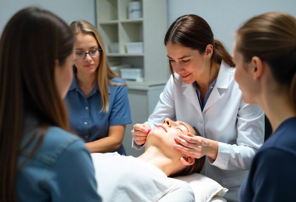 Advanced dermal filler training session at AM Aesthetics London Academy showing hands-on facial contouring techniques