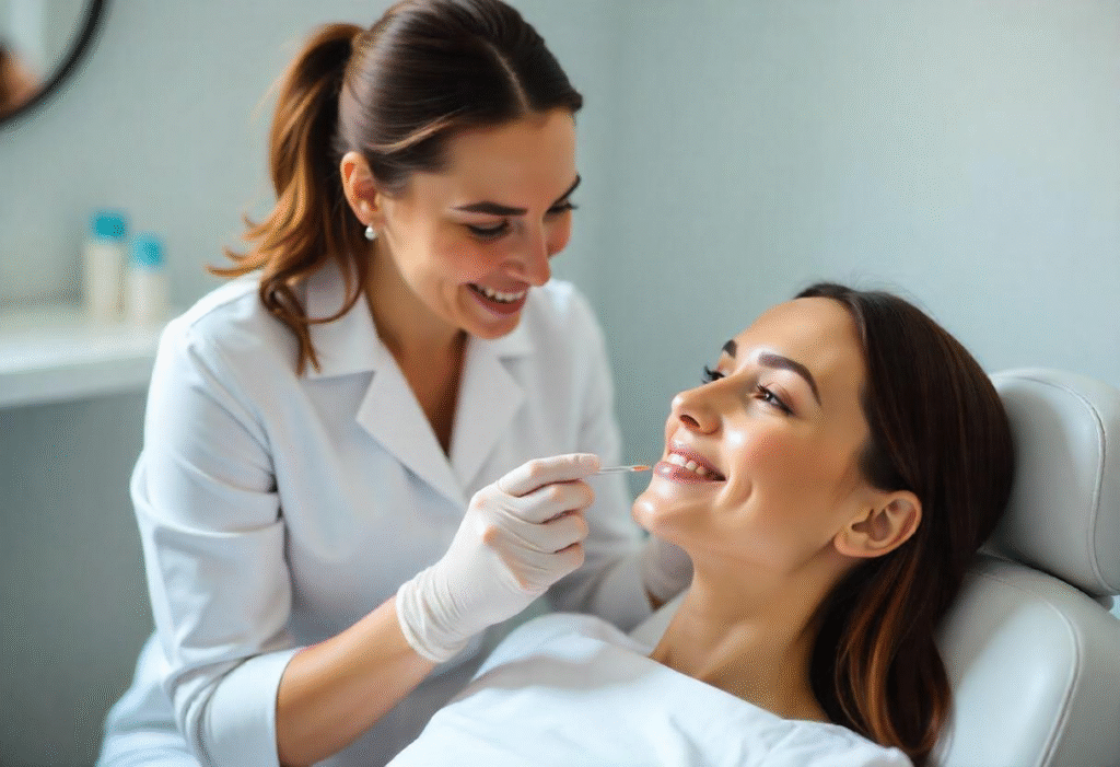 Professional lip filler practitioner with client at London aesthetics clinic
