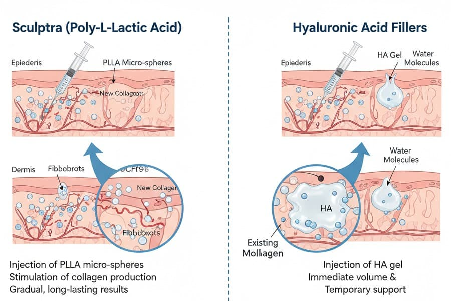 "Comparison of Sculptra collagen stimulation vs dermal fillers London"