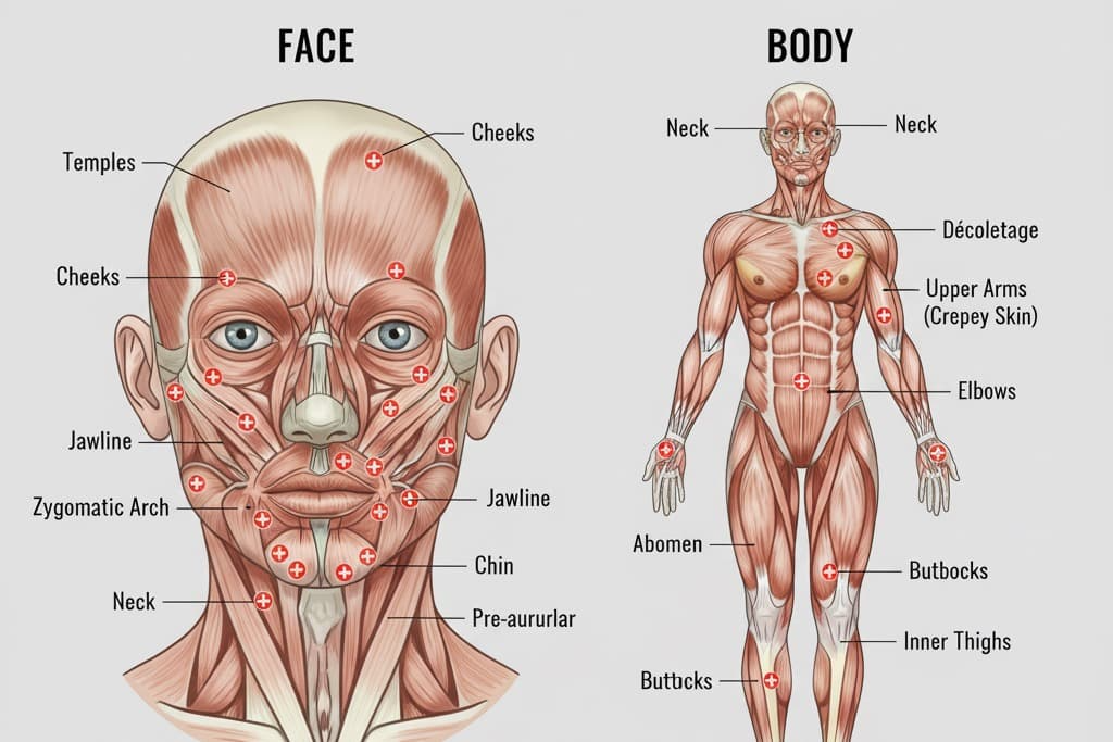 "Sculptra treatment areas for face neck and body rejuvenation London"