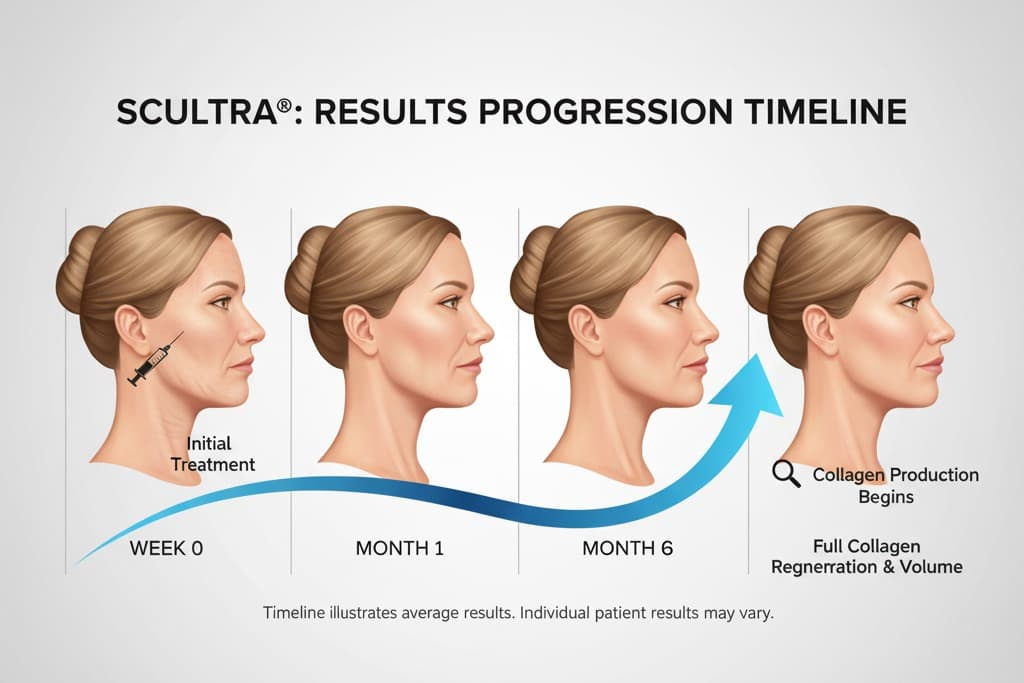 "Timeline of Sculptra results for face and body at AM Aesthetics London"