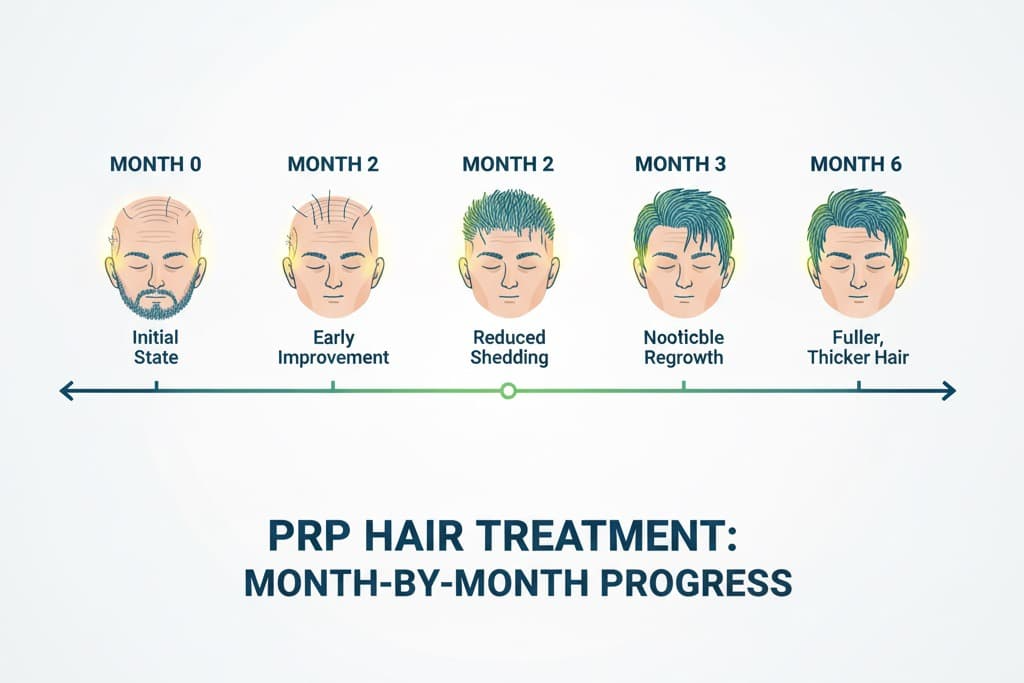 PRP treatment results timeline showing gradual improvement in hair, skin, and body appearance