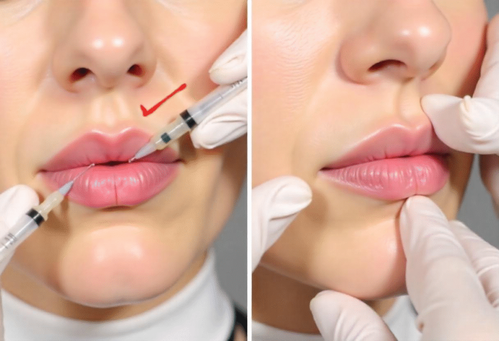 Professional demonstrating lip filler injection techniques during London training course